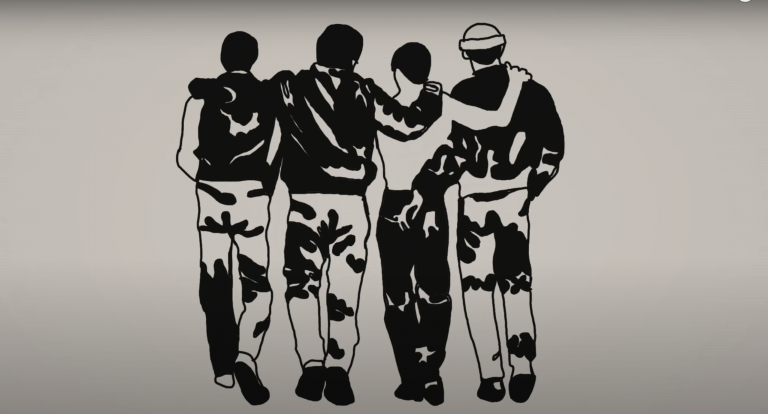 drawing of the back of four guys with their arms on each others' shoulders