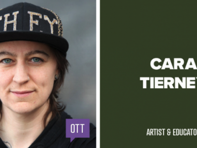 A headshot of Cara, a white person with dark hair who is wearing a hat with "THEY" on the front. Written text states "Cara Tierney, Artist and Educator."